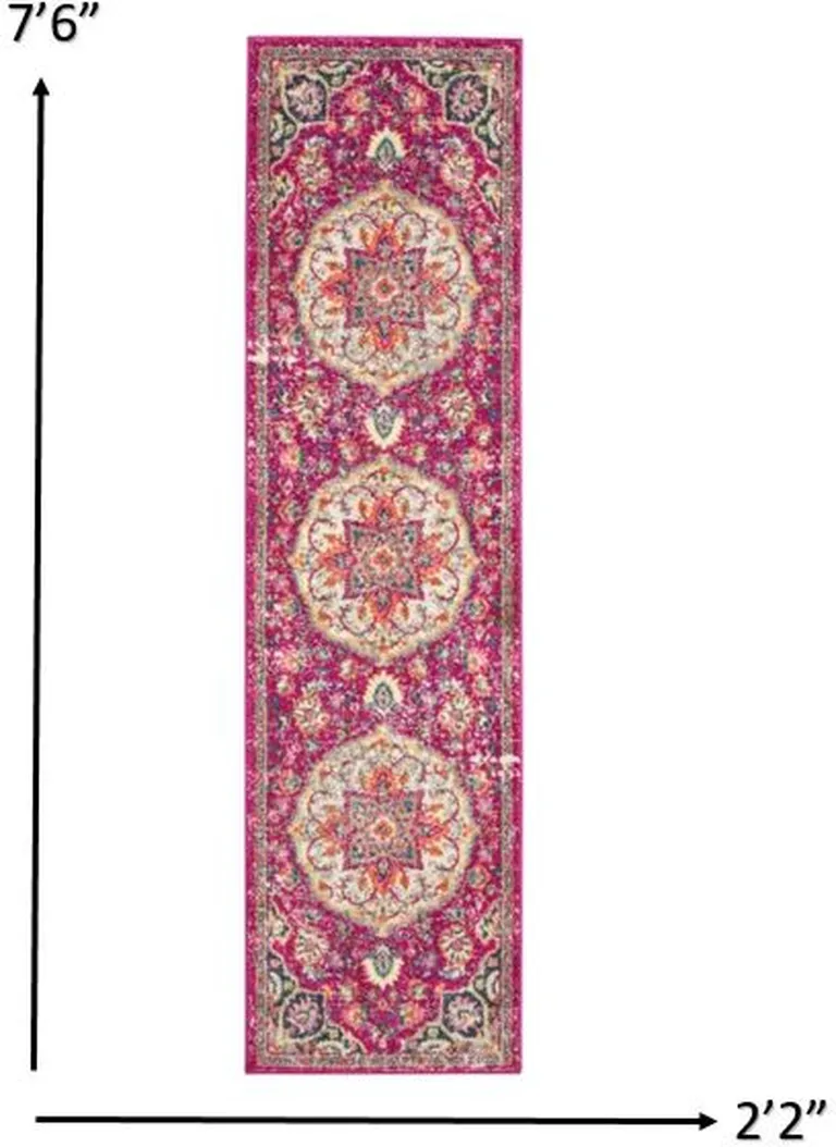Pink and Ivory Medallion Runner Rug Photo 3
