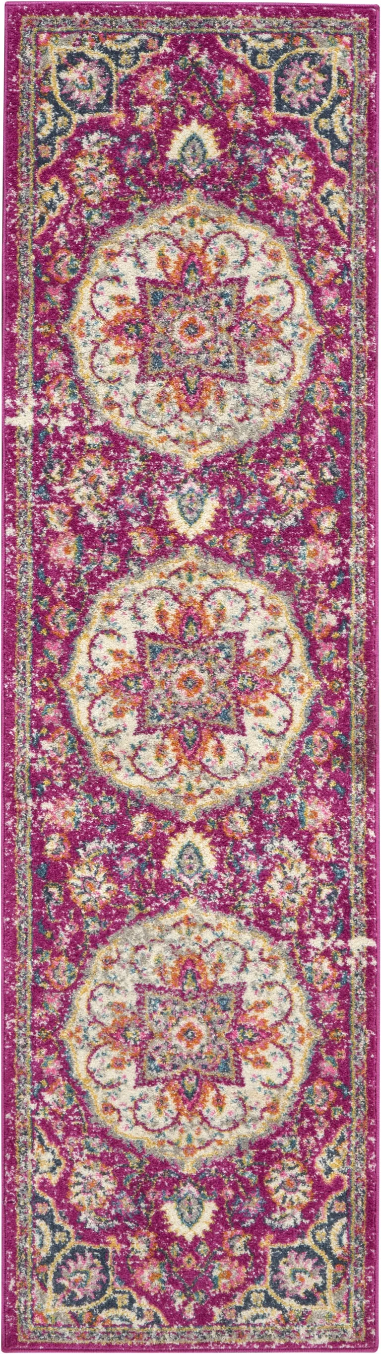 Pink and Ivory Medallion Runner Rug Photo 1