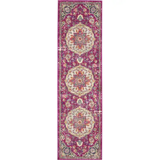 Pink and Ivory Medallion Runner Rug Photo 1