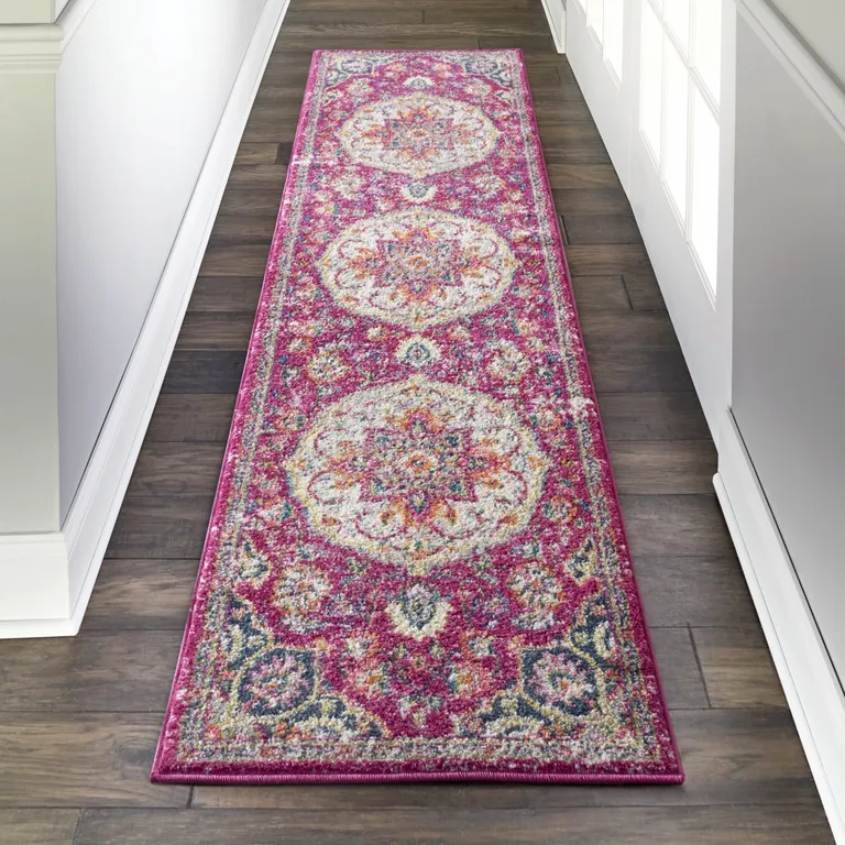 Pink and Ivory Medallion Runner Rug Photo 5