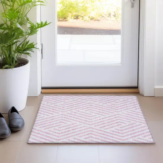 Pink and White Geometric Washable Non Skid Indoor Outdoor Area Rug Photo 9