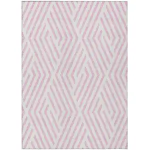 Photo of Pink and White Geometric Washable Non Skid Indoor Outdoor Area Rug