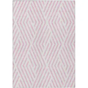 Photo of Pink and White Geometric Washable Non Skid Indoor Outdoor Area Rug