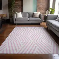 Photo of Pink and White Geometric Washable Non Skid Indoor Outdoor Area Rug