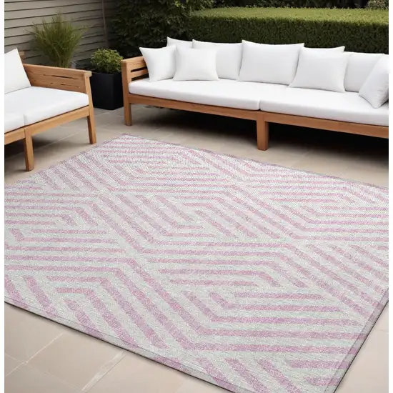 Pink and White Geometric Washable Non Skid Indoor Outdoor Area Rug Photo 1