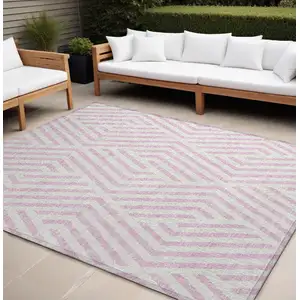 Photo of Pink and White Geometric Washable Non Skid Indoor Outdoor Area Rug