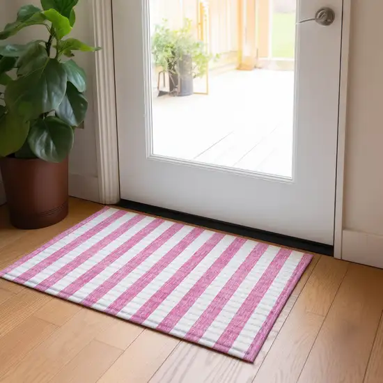 Pink and White Striped Washable Non Skid Indoor Outdoor Area Rug Photo 9