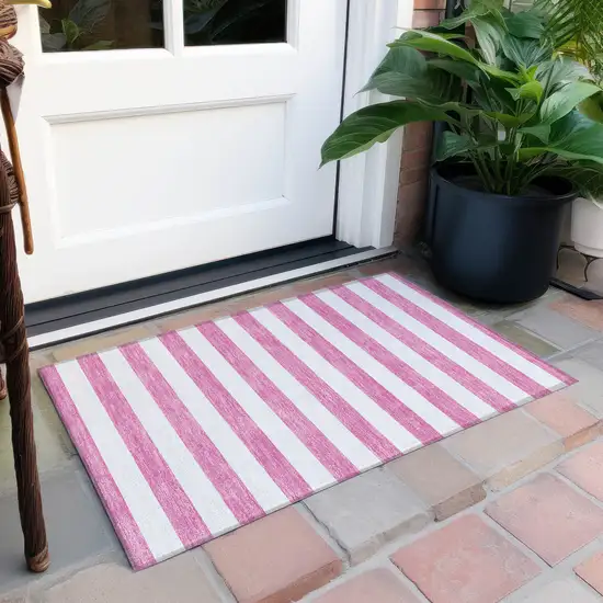 Pink and White Striped Washable Non Skid Indoor Outdoor Area Rug Photo 8