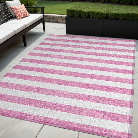 Pink and White Striped Washable Non Skid Indoor Outdoor Area Rug Photo 1