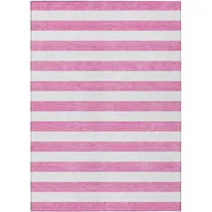 Photo of Pink and White Striped Washable Non Skid Indoor Outdoor Area Rug