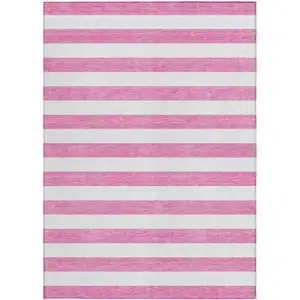 Photo of Pink and White Striped Washable Non Skid Indoor Outdoor Area Rug