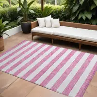 Photo of Pink and White Striped Washable Non Skid Indoor Outdoor Area Rug