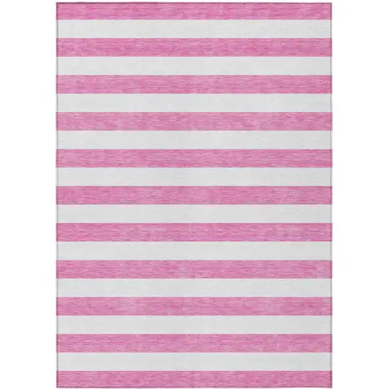 Pink and White Striped Washable Non Skid Indoor Outdoor Area Rug Photo 2