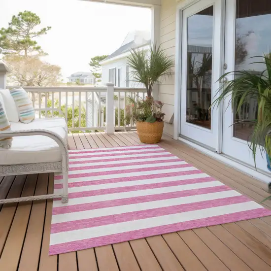 Pink and White Striped Washable Non Skid Indoor Outdoor Area Rug Photo 8