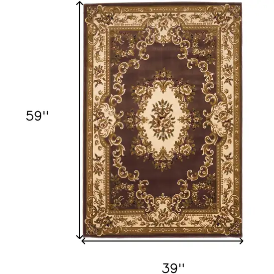 Plum Ivory Machine Woven Hand Carved Floral Medallion Indoor Area Rug Photo 4