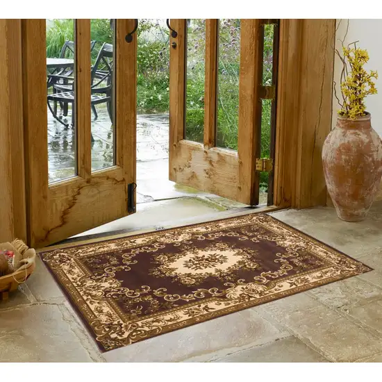 Plum Ivory Machine Woven Hand Carved Floral Medallion Indoor Area Rug Photo 1