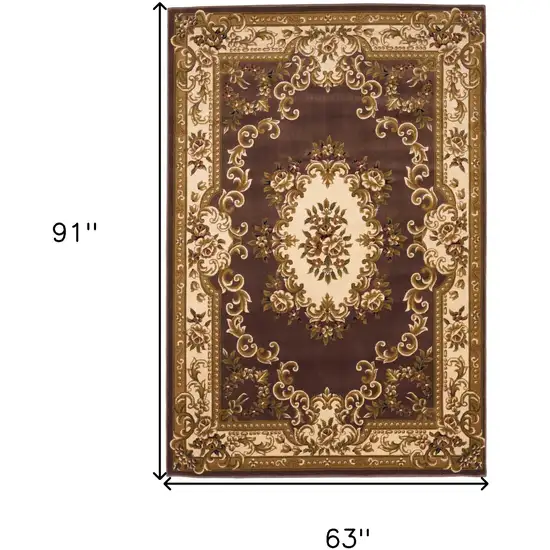 Plum Ivory Machine Woven Hand Carved Floral Medallion Indoor Area Rug Photo 4