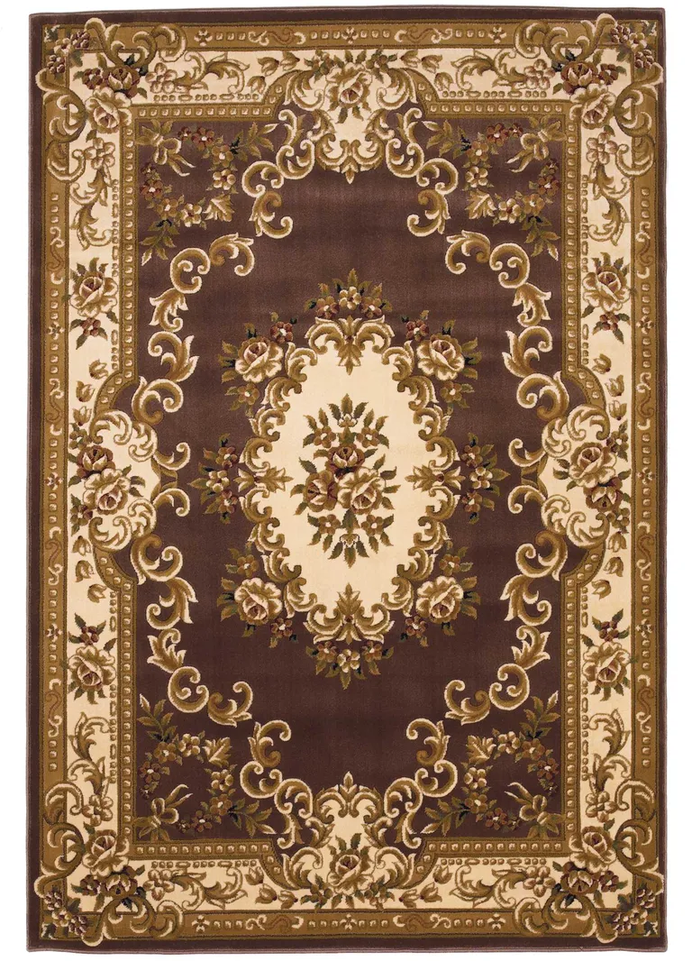 Plum Ivory Machine Woven Hand Carved Floral Medallion Indoor Area Rug Photo 1