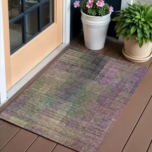 Photo of Plum Olive Green And Lavender Abstract Washable Indoor Outdoor Area Rug