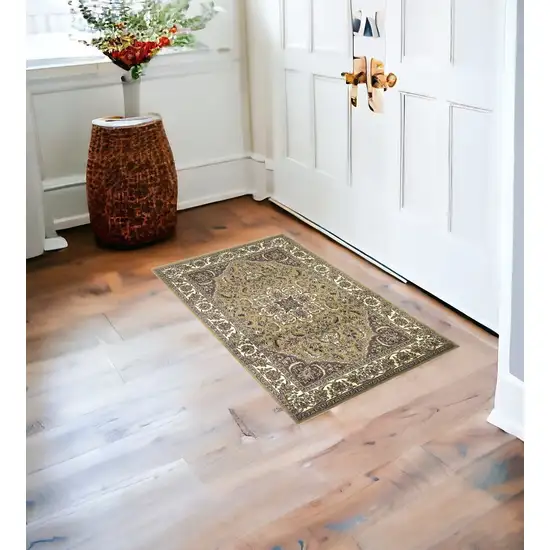 Beige And Ivory Floral Medallion Area Rug Photo 1