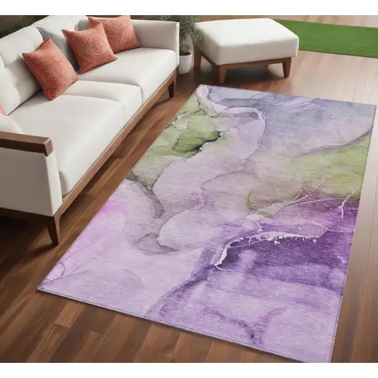 Purple and Green Abstract Washable Indoor Outdoor Area Rug Photo 1