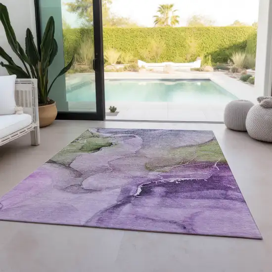 Purple and Green Abstract Washable Indoor Outdoor Area Rug Photo 8