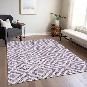 Photo of Purple And Ivory Geometric Washable Indoor Outdoor Area Rug