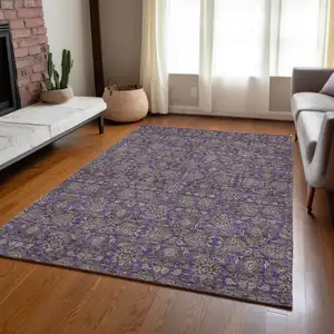 Photo of Purple Beige And Taupe Floral Washable Indoor Outdoor Area Rug