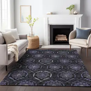 Photo of Purple Charcoal And Gray Medallion Washable Indoor Outdoor Area Rug