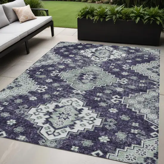 Purple Eggplant And Sage Medallion Washable Indoor Outdoor Area Rug Photo 1