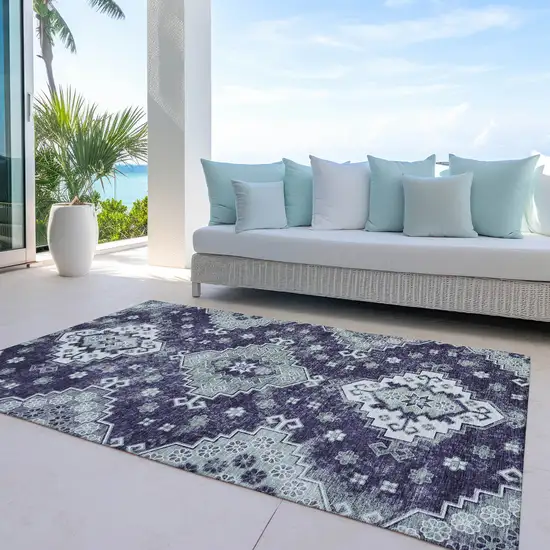 Purple Eggplant And Sage Medallion Washable Indoor Outdoor Area Rug Photo 9