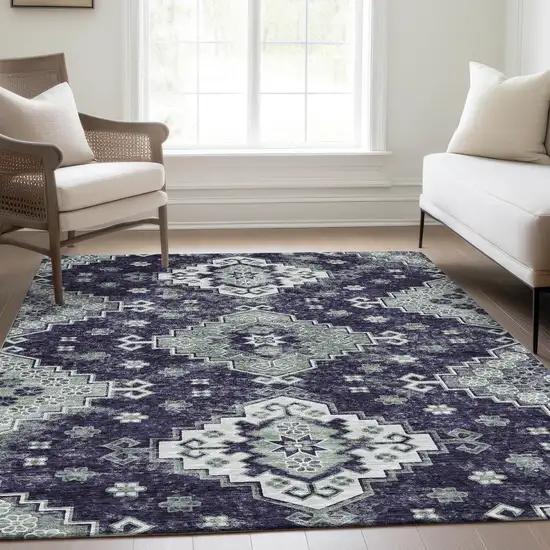 Purple Eggplant And Sage Medallion Washable Indoor Outdoor Area Rug Photo 9