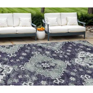 Photo of Purple Eggplant And Sage Medallion Washable Indoor Outdoor Area Rug