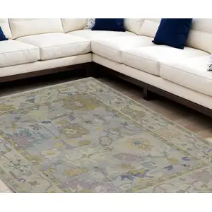 Photo of Purple Gray and Gold Wool Oriental Hand Knotted Area Rug With Fringe