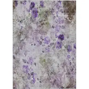 Photo of Purple Lavender And Artichoke Green Floral Washable Indoor Outdoor Area Rug