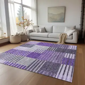 Photo of Purple Lavender And Eggplant Striped Washable Indoor Outdoor Area Rug