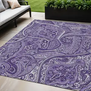 Photo of Purple Lavender And Silver Paisley Washable Indoor Outdoor Area Rug