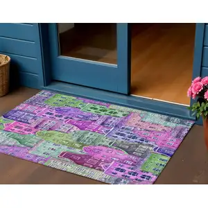 Photo of Purple Lilac And Green Village Houses Washable Indoor Outdoor Area Rug