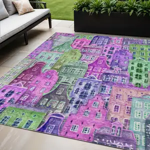 Photo of Purple Lilac And Green Village Houses Washable Indoor Outdoor Area Rug