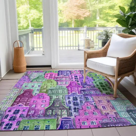 Purple Lilac And Green Village Houses Washable Indoor Outdoor Area Rug Photo 9