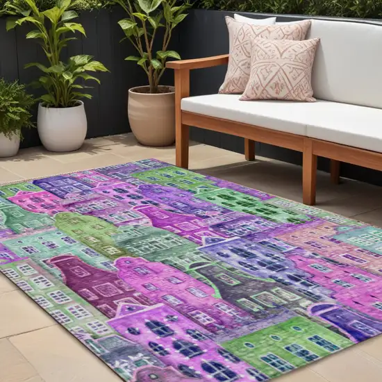 Purple Lilac And Green Village Houses Washable Indoor Outdoor Area Rug Photo 1