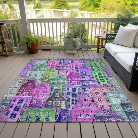 Purple Lilac And Green Village Houses Washable Indoor Outdoor Area Rug Photo 7