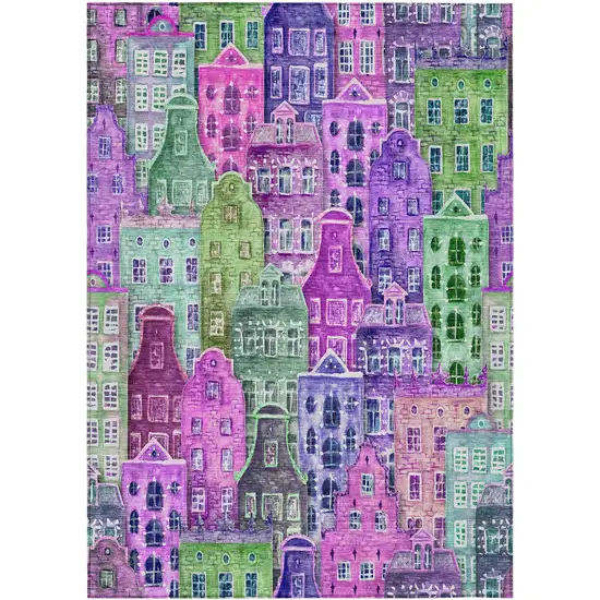 Purple Lilac And Green Village Houses Washable Indoor Outdoor Area Rug Photo 2