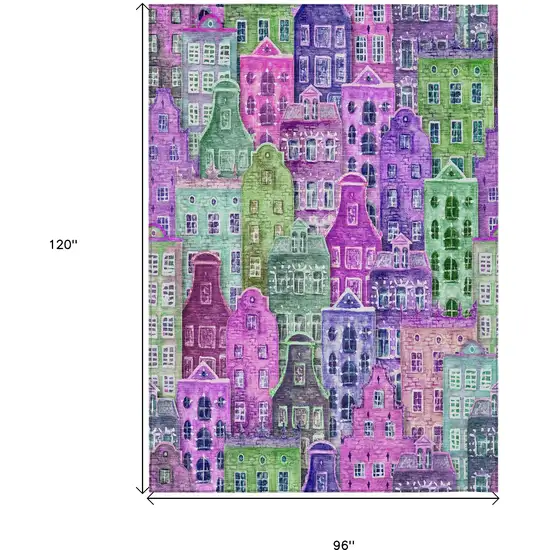 Purple Lilac And Green Village Houses Washable Indoor Outdoor Area Rug Photo 3