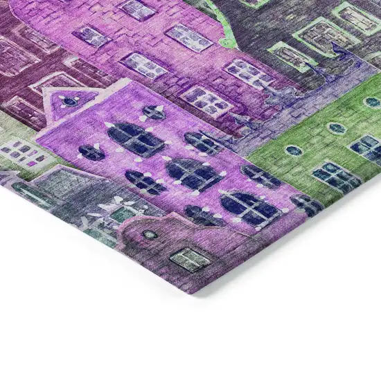 Purple Lilac And Green Village Houses Washable Indoor Outdoor Area Rug Photo 4