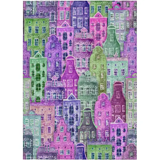 Purple Lilac And Green Village Houses Washable Indoor Outdoor Area Rug Photo 6