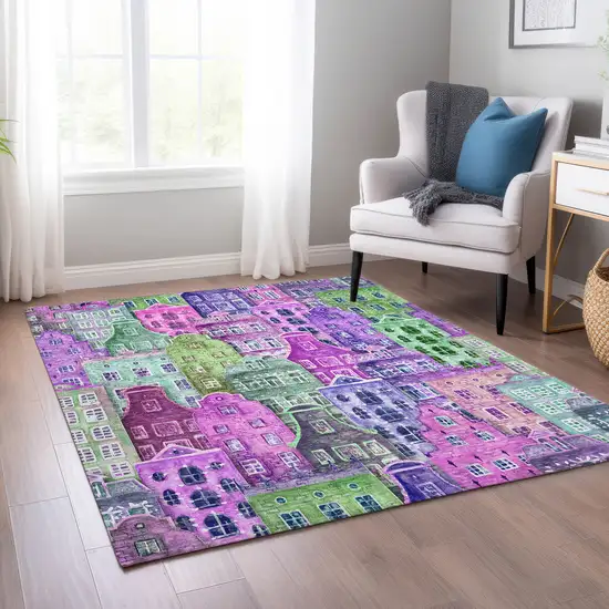 Purple Lilac And Green Village Houses Washable Indoor Outdoor Area Rug Photo 8