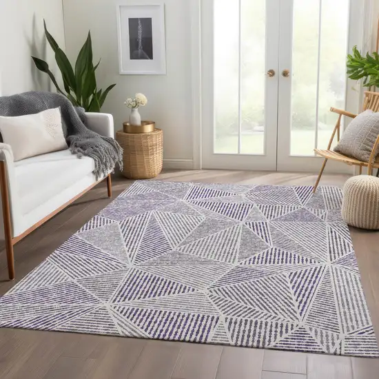 Purple Lilac And Silver Geometric Washable Indoor Outdoor Area Rug Photo 7