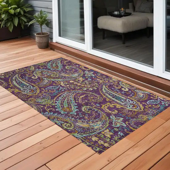 Purple Paisley Washable Non Skid Indoor Outdoor Area Rug Photo 1