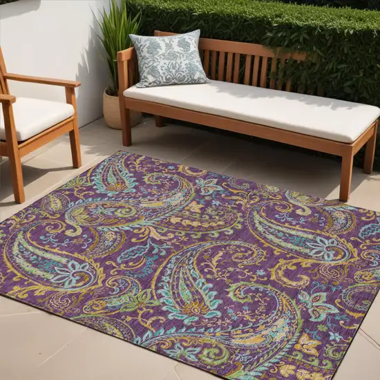 Purple Turquoise and Gold Paisley Washable Non Skid Indoor Outdoor Area Rug Photo 1